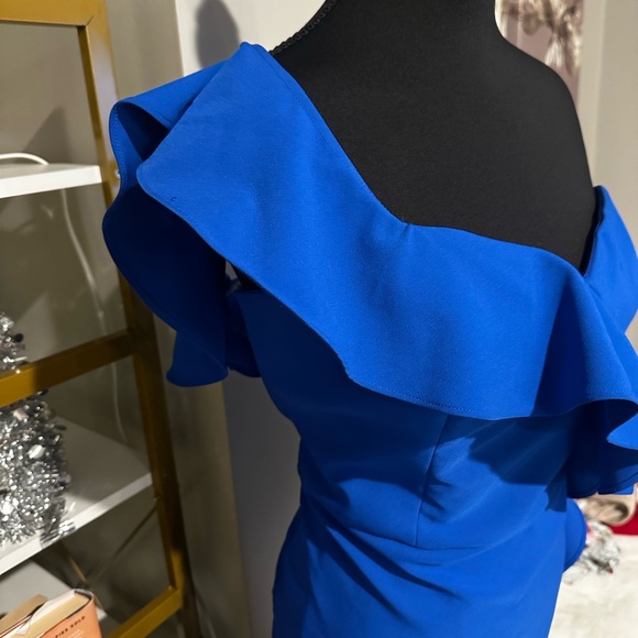 Aidan Mattox Ruffled One Shoulder Sapphire Blue Cocktail Midi Dress size 14 - Picture 7 of 11